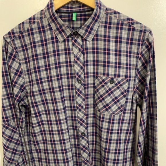 United Colors of Benetton Men's Slim Fit Plaid Long Sleeve Shirt - Large - Picture 1 of 8